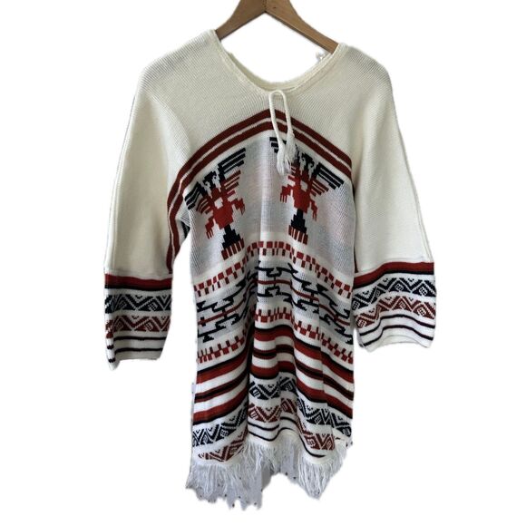 Vintage 70s Unbranded Thunderbird Peruvian Fringe Poncho Tunic Sweater One Size - Picture 1 of 3